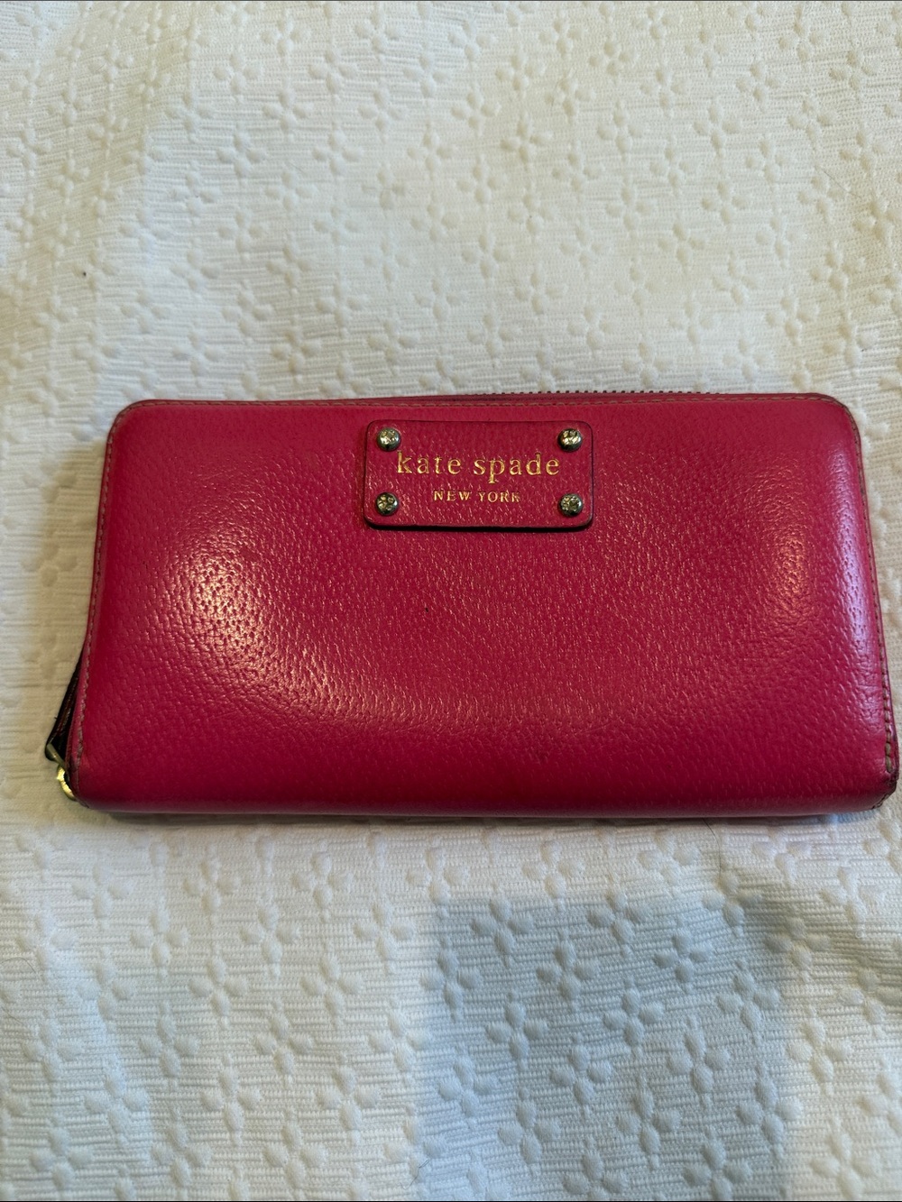 kate spade Hot Pink Leather Zip Wallet with Gold Plate